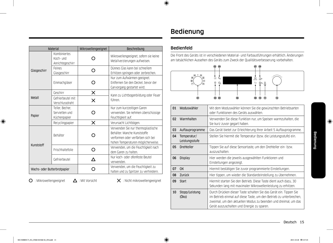 Samsung MC35J8085CT/EG manual Bedienung, Bedienfeld 