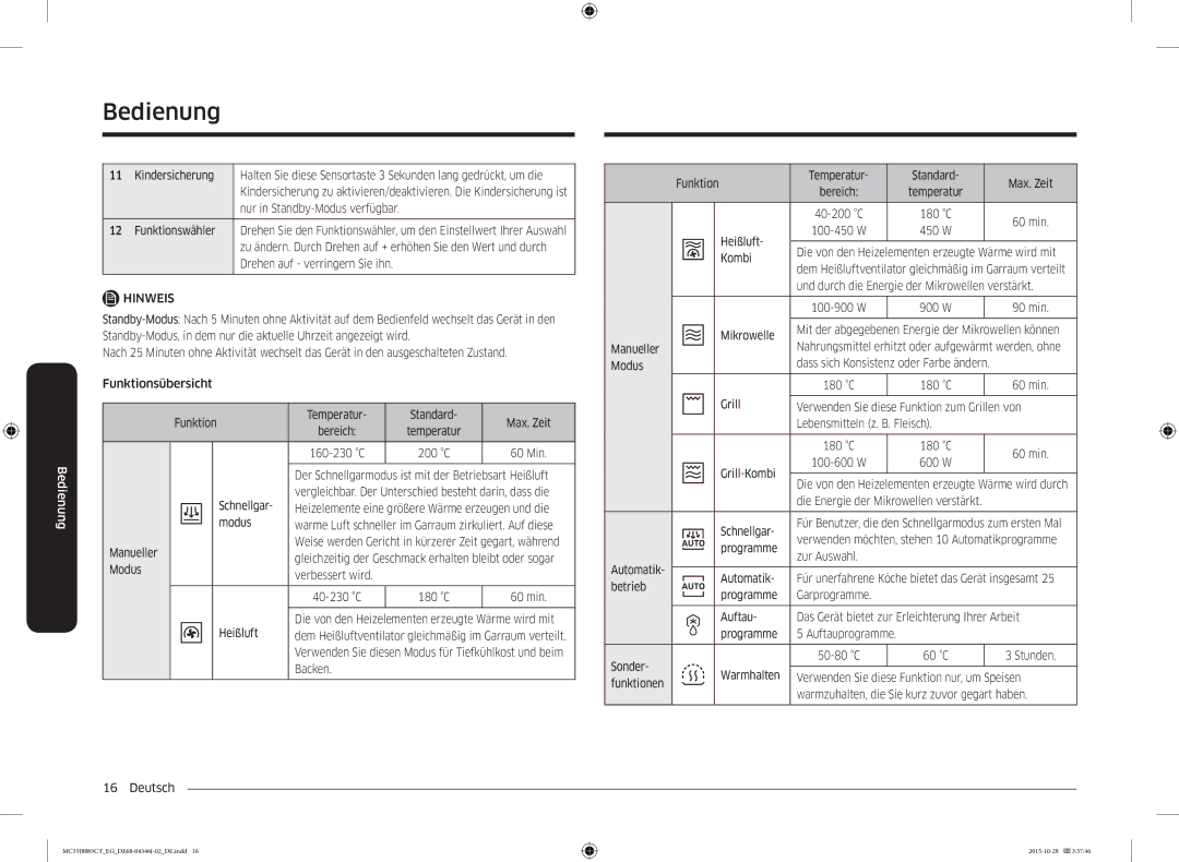 Samsung MC35J8085CT/EG Der Schnellgarmodus ist mit der Betriebsart Heißluft, Manueller, Modus Verbessert wird, Kombi 