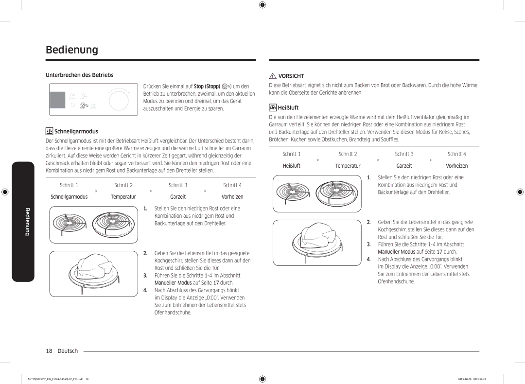 Samsung MC35J8085CT/EG Unterbrechen des Betriebs, Schnellgarmodus, Schritt, Garzeit, Kombination aus niedrigem Rost und 