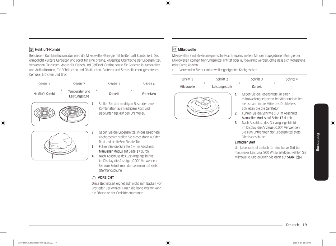 Samsung MC35J8085CT/EG manual Schritt Mikrowelle Leistungsstufe Garzeit 