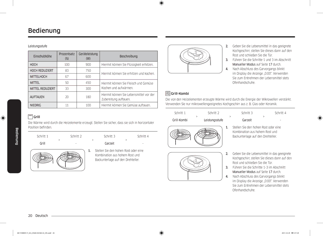 Samsung MC35J8085CT/EG manual Leistungsstufe Einschubhöhe Prozentsatz, Kochen und aufwärmen, Zubereitung auftauen, Grill 