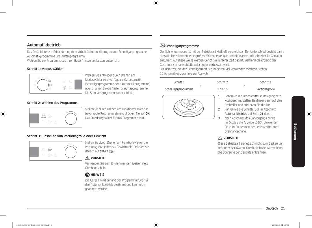 Samsung MC35J8085CT/EG manual Automatikbetrieb, Schritt 2 Wählen des Programms, Bis 