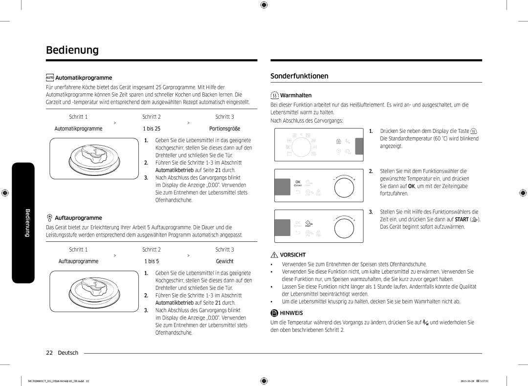 Samsung MC35J8085CT/EG manual Sonderfunktionen, Automatikprogramme, Drehteller und schließen Sie die Tür 