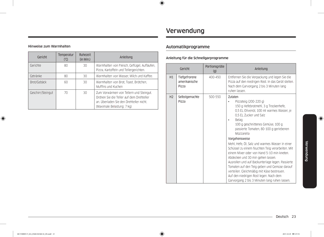 Samsung MC35J8085CT/EG manual Verwendung, Automatikprogramme 