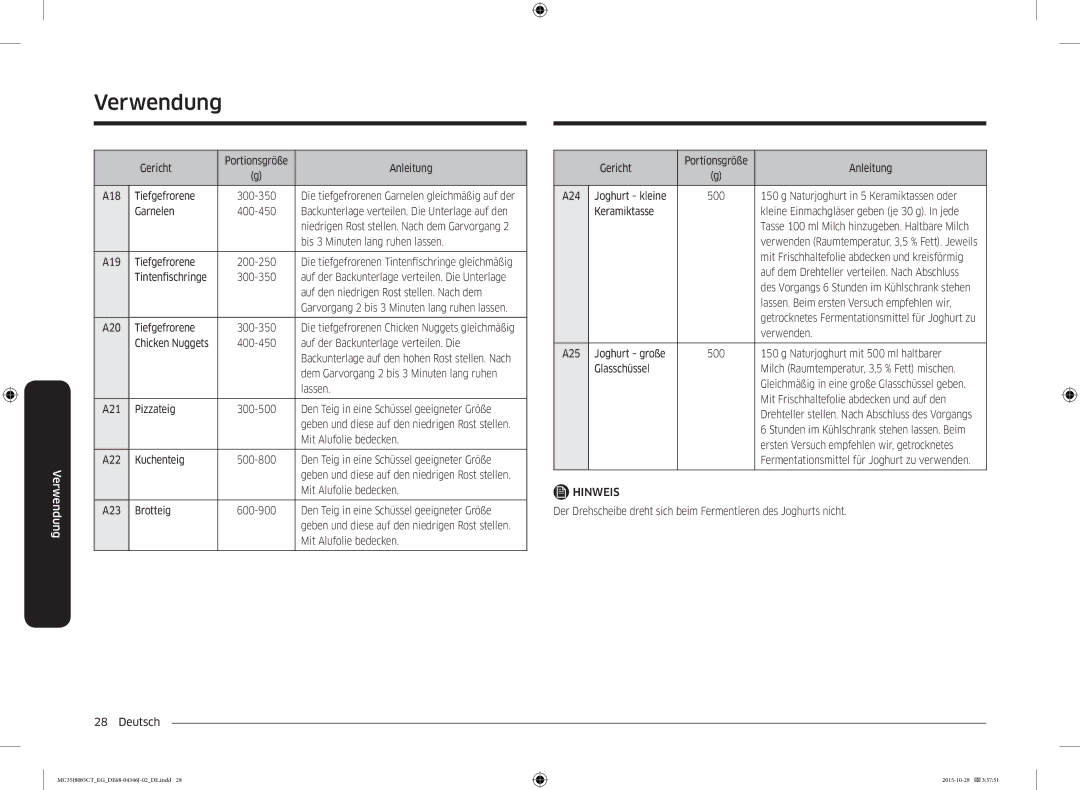 Samsung MC35J8085CT/EG Gericht Portionsgröße Anleitung A18 Tiefgefrorene, Garnelen, A19 Tiefgefrorene, Tintenfischringe 
