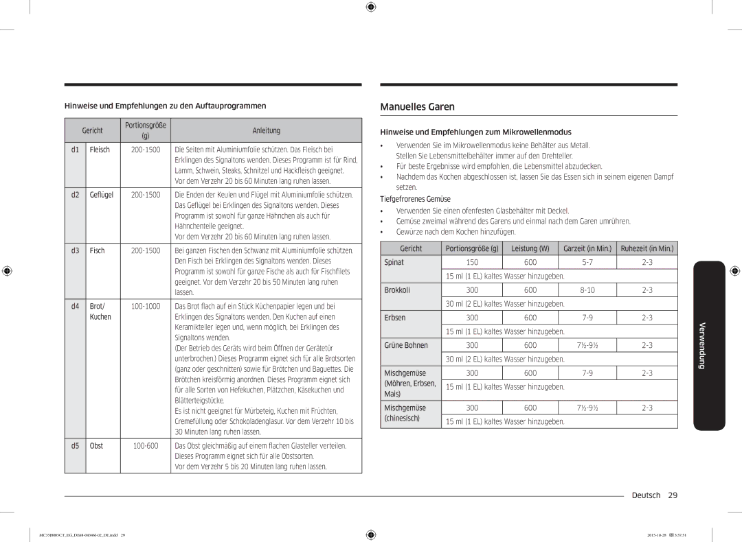 Samsung MC35J8085CT/EG manual Manuelles Garen 