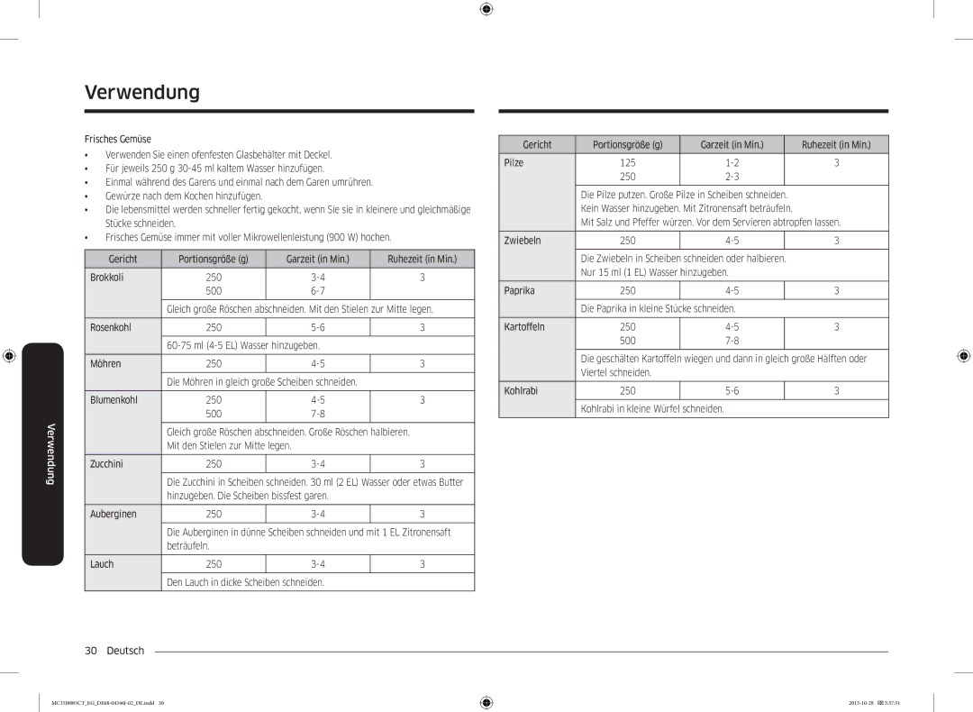 Samsung MC35J8085CT/EG manual Mit den Stielen zur Mitte legen Zucchini 250, Zwiebeln 250 