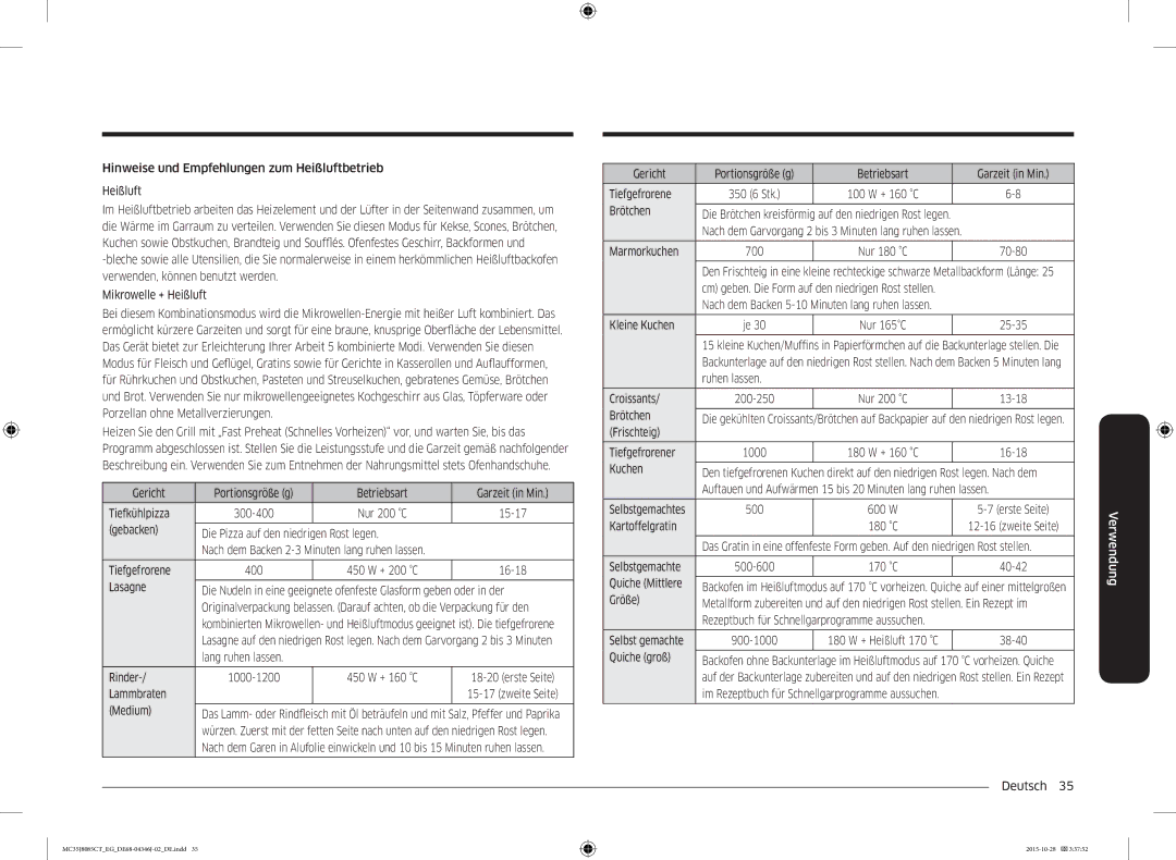 Samsung MC35J8085CT/EG Hinweise und Empfehlungen zum Heißluftbetrieb, Mikrowelle + Heißluft, Lang ruhen lassen Rinder 