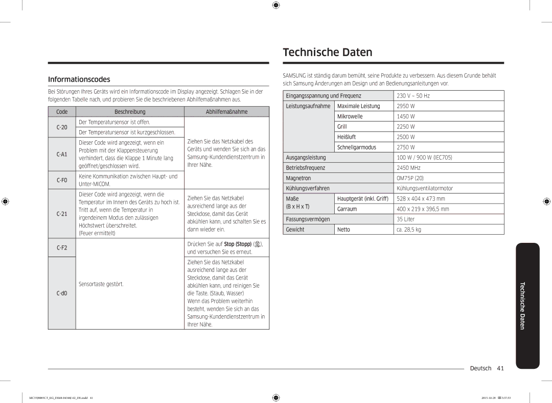 Samsung MC35J8085CT/EG manual Technische Daten, Informationscodes 