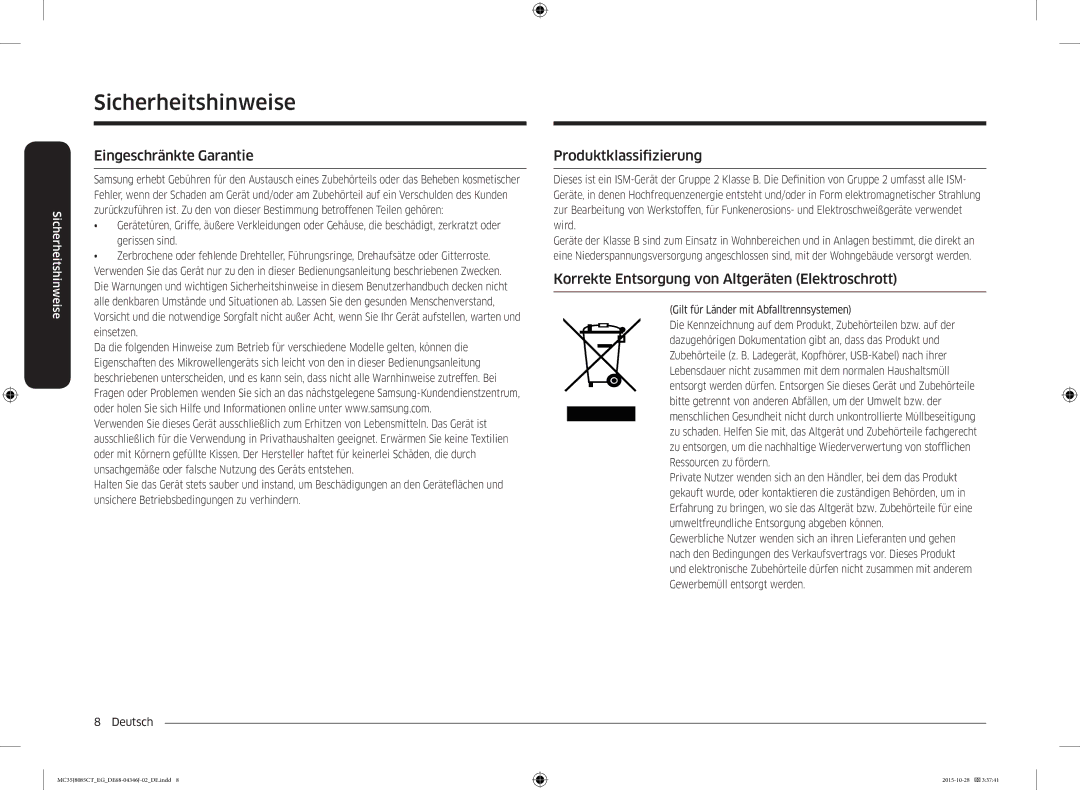 Samsung MC35J8085CT/EG Eingeschränkte Garantie, Produktklassifizierung, Korrekte Entsorgung von Altgeräten Elektroschrott 