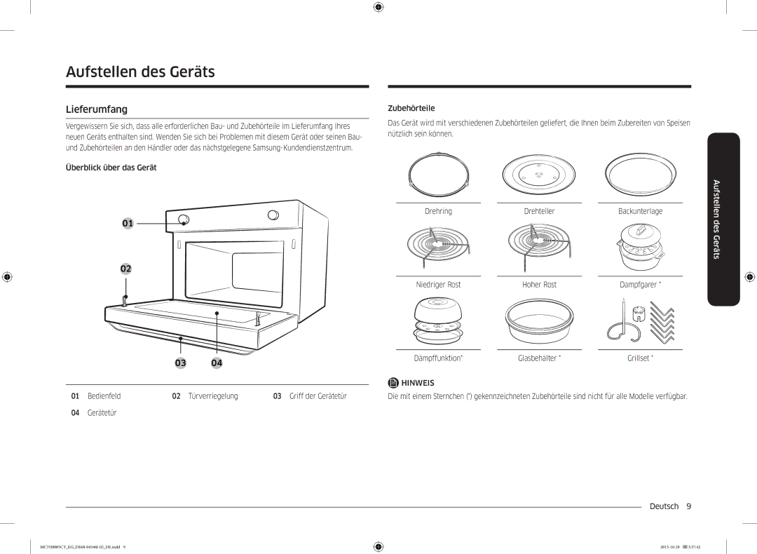 Samsung MC35J8085CT/EG manual Aufstellen des Geräts, Lieferumfang, Überblick über das Gerät Bedienfeld 02 Türverriegelung 