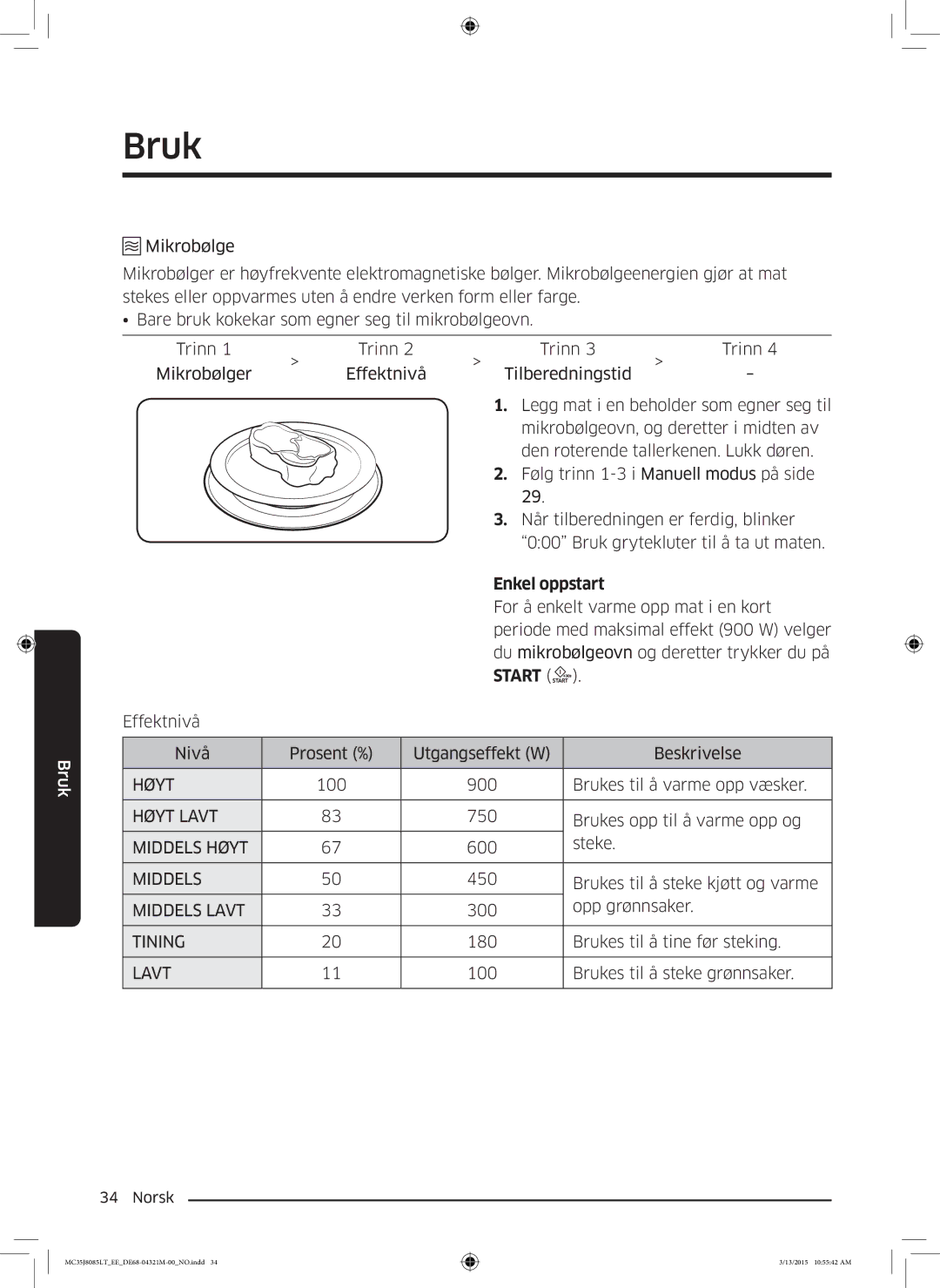 Samsung MC35J8085LT/EE manual Enkel oppstart, Lavt 