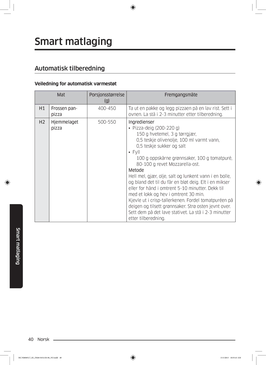 Samsung MC35J8085LT/EE manual Smart matlaging, Automatisk tilberedning, Veiledning for automatisk varmestøt 