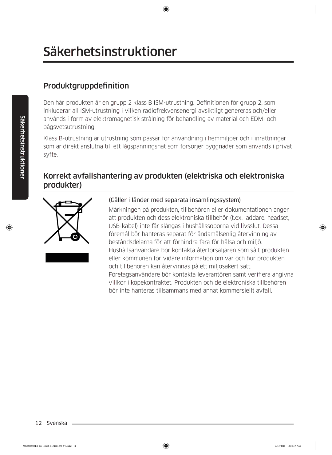 Samsung MC35J8085LT/EE manual Produktgruppdefinition 