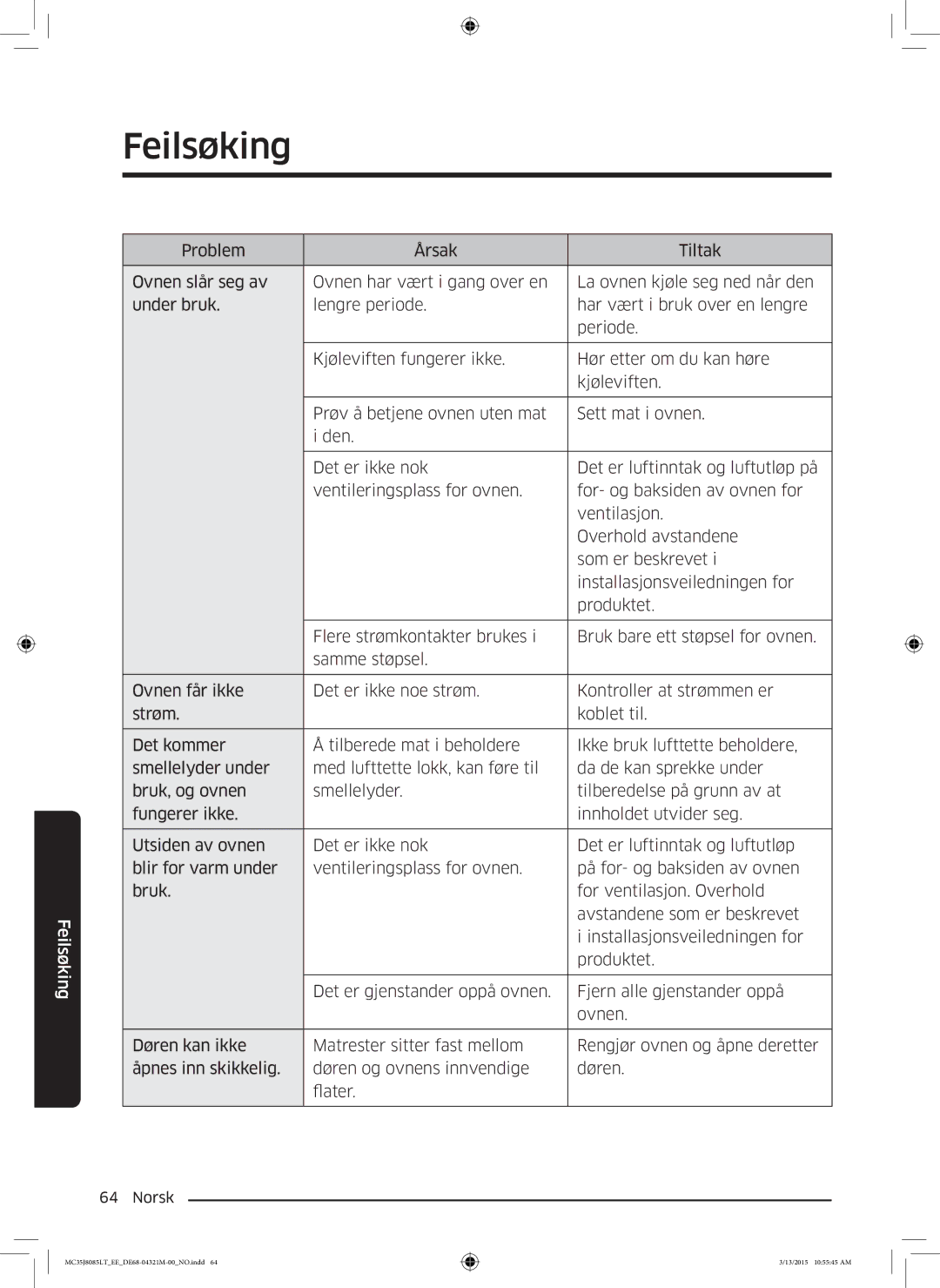 Samsung MC35J8085LT/EE manual Feilsøking 