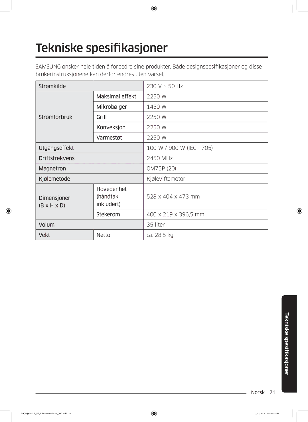 Samsung MC35J8085LT/EE manual Tekniske spesifikasjoner, Fikasjoner Tekniske spesi 