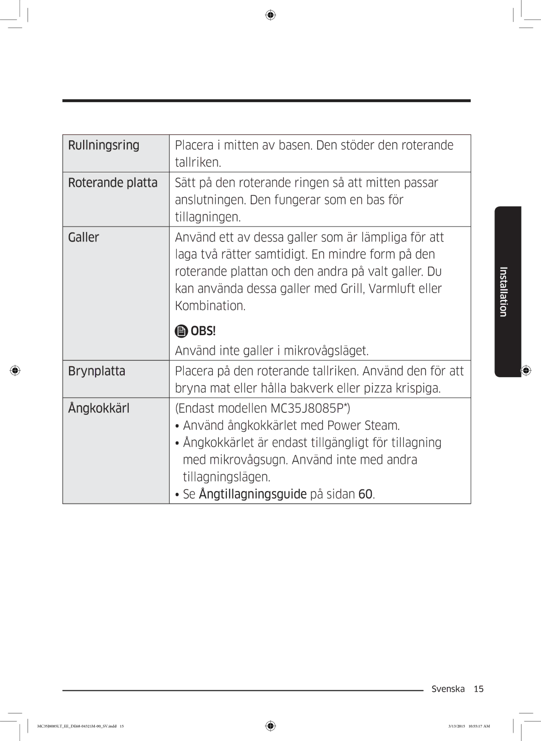 Samsung MC35J8085LT/EE manual Obs 