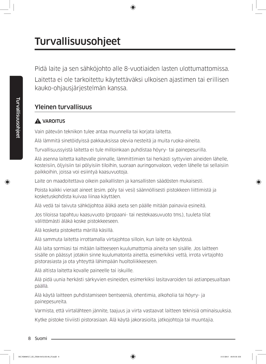 Samsung MC35J8085LT/EE manual Varoitus 