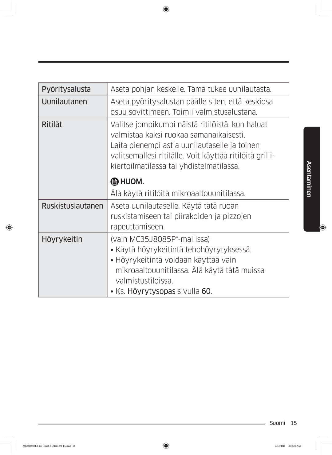 Samsung MC35J8085LT/EE manual Huom 