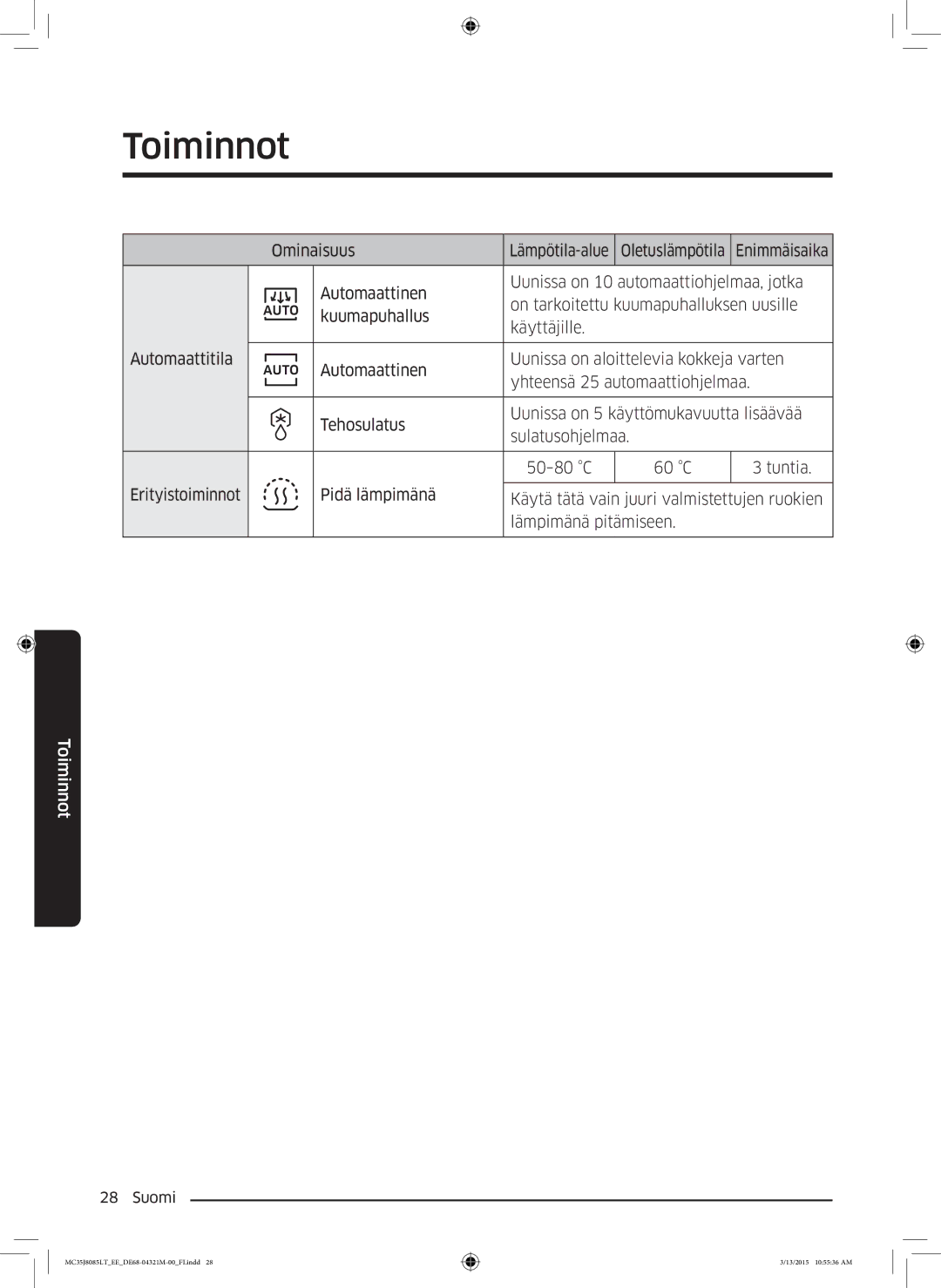 Samsung MC35J8085LT/EE manual Ominaisuus Lämpötila-alue 