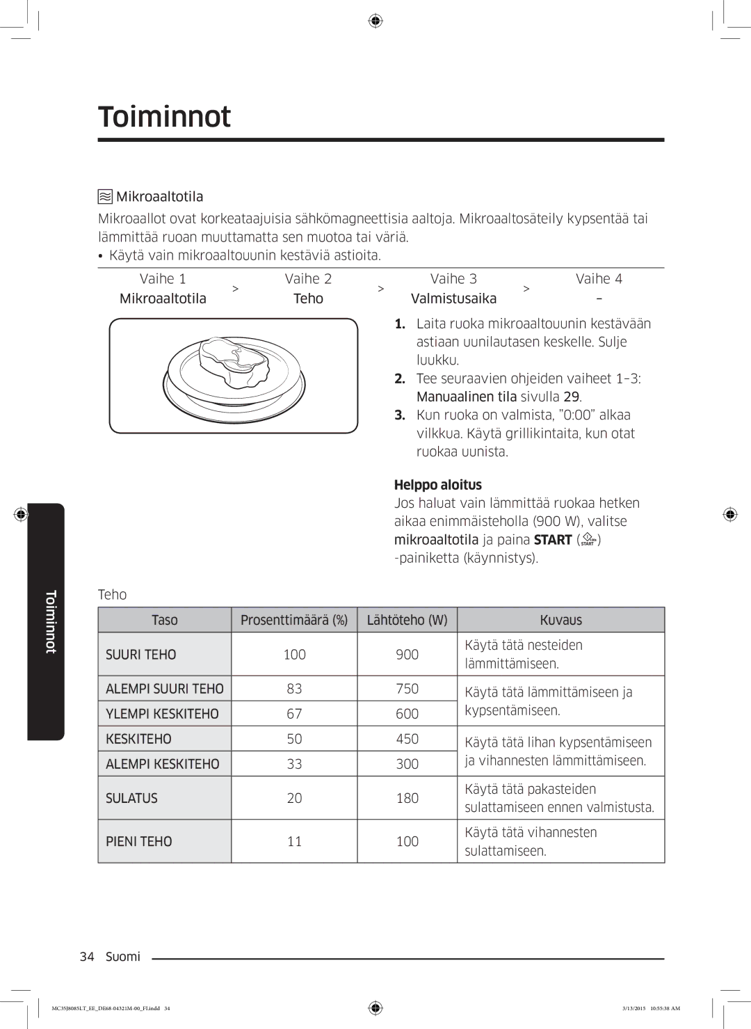 Samsung MC35J8085LT/EE manual Helppo aloitus, Suuri Teho 