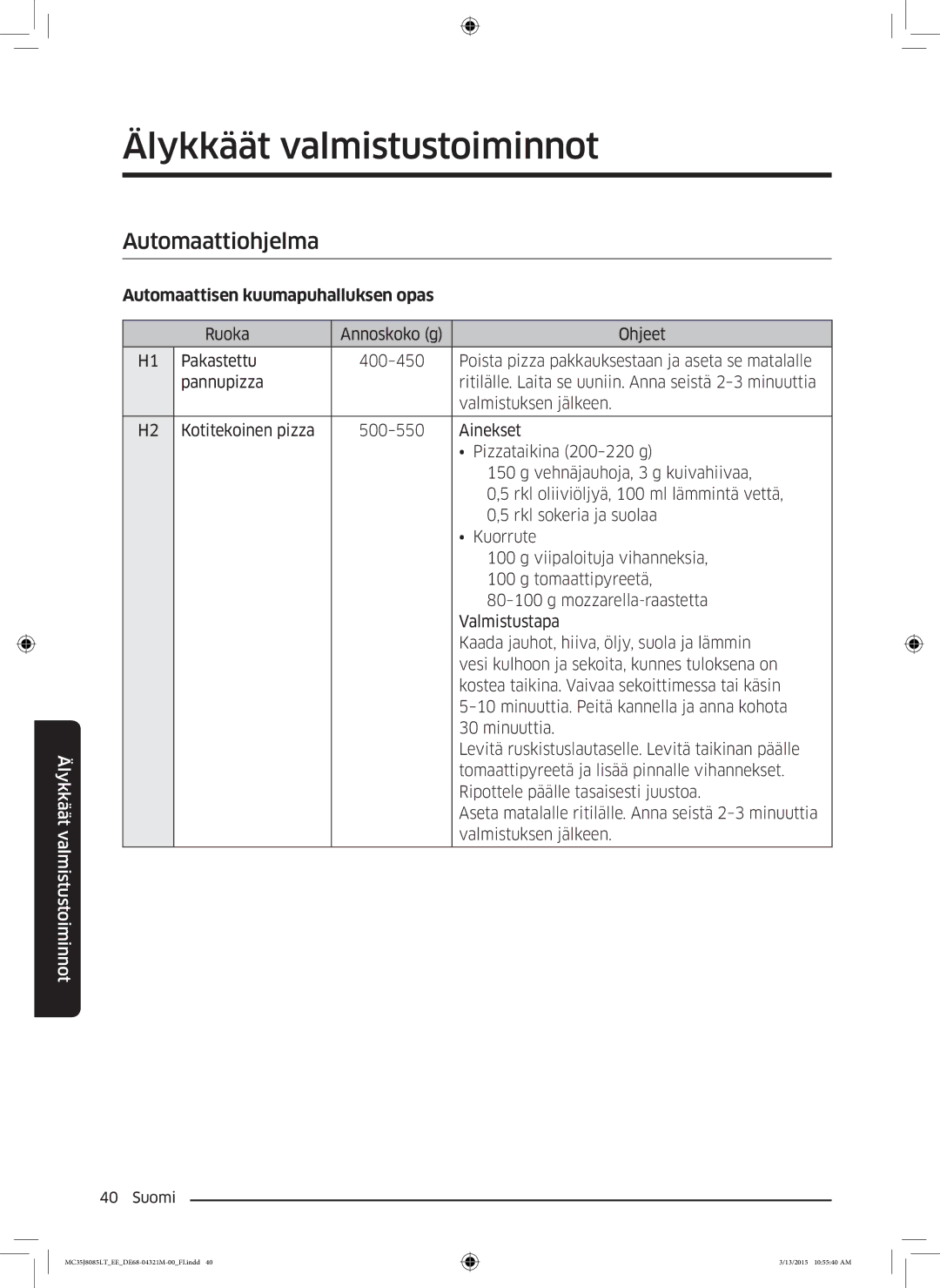 Samsung MC35J8085LT/EE manual Älykkäät valmistustoiminnot, Automaattiohjelma, Automaattisen kuumapuhalluksen opas 