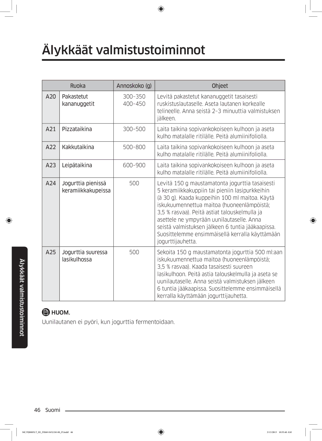 Samsung MC35J8085LT/EE manual Uunilautanen ei pyöri, kun jogurttia fermentoidaan 