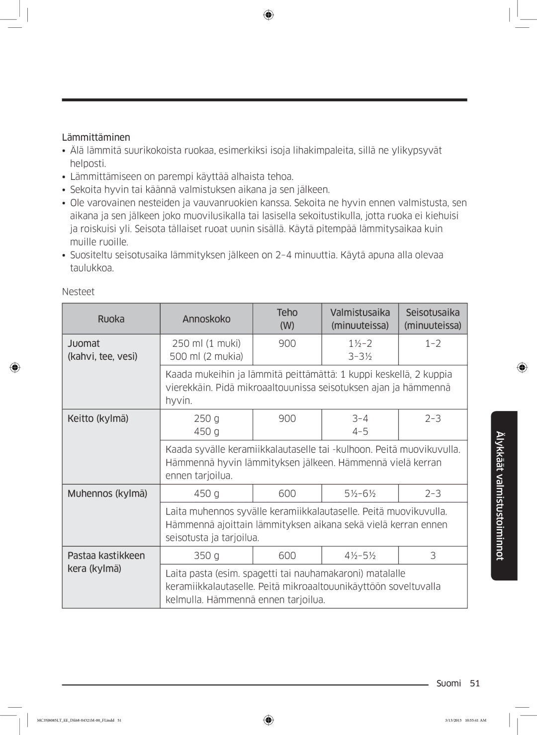 Samsung MC35J8085LT/EE manual Älykkäät valmistustoiminnot 