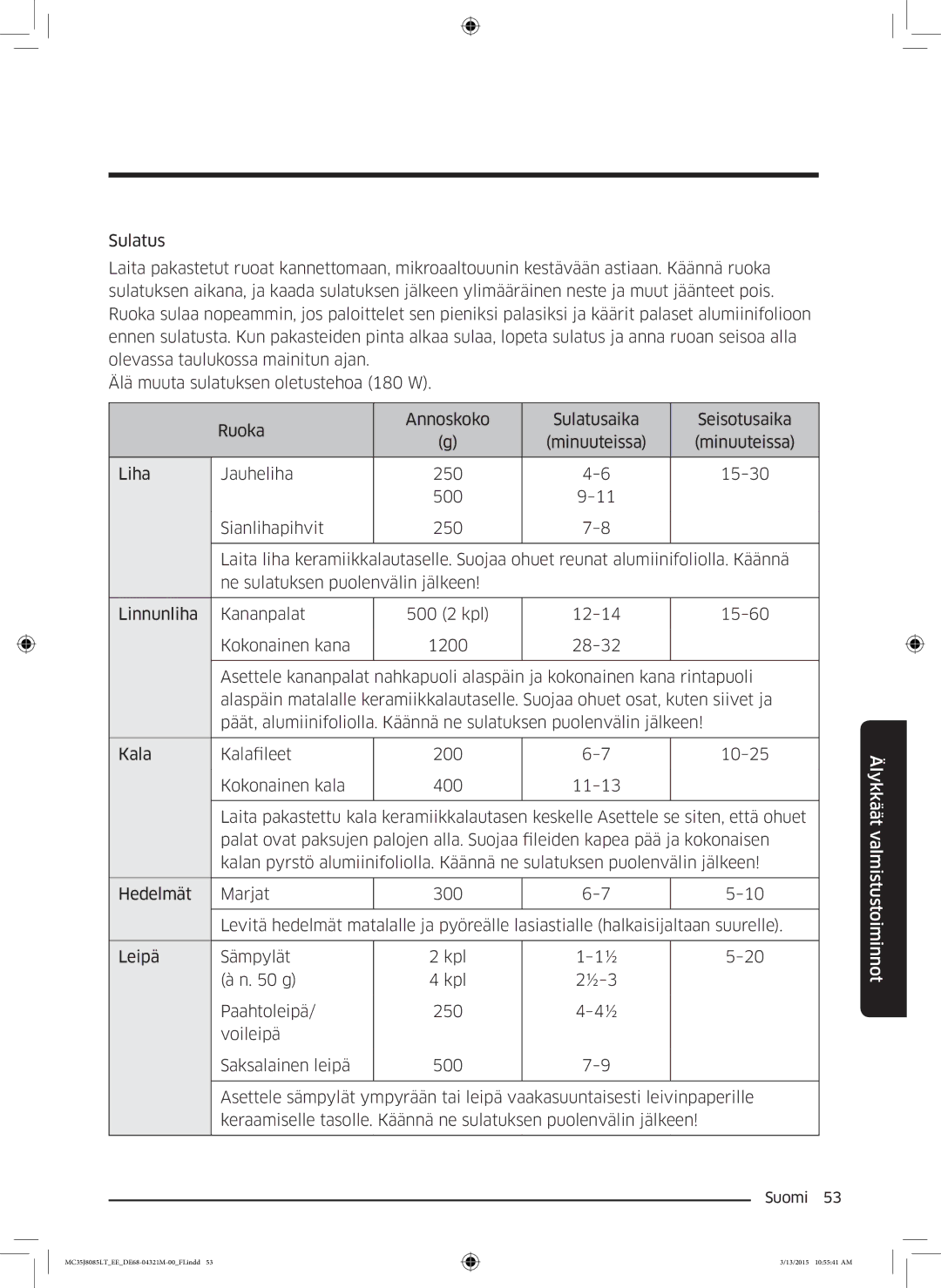 Samsung MC35J8085LT/EE manual Älykkäät valmistustoiminnot 