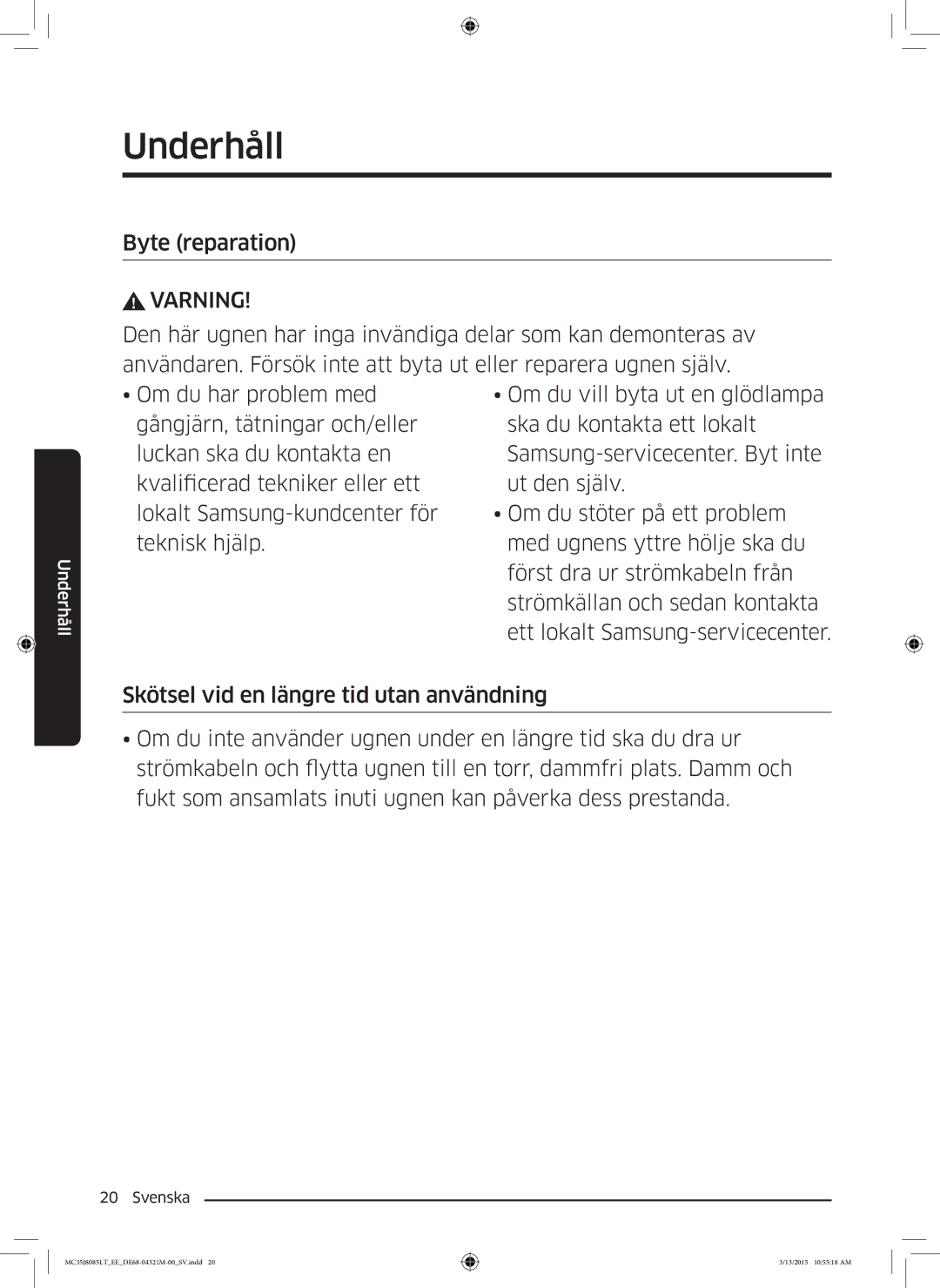 Samsung MC35J8085LT/EE manual Byte reparation, Varning 