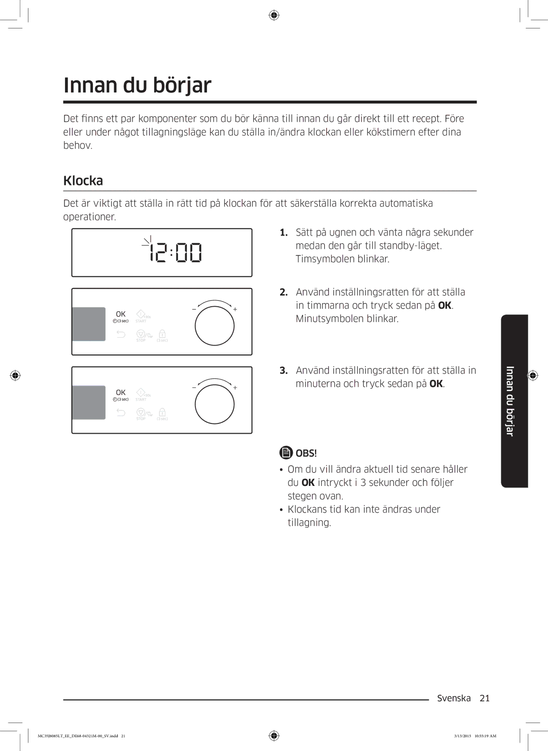 Samsung MC35J8085LT/EE manual Innan du börjar, Klocka 