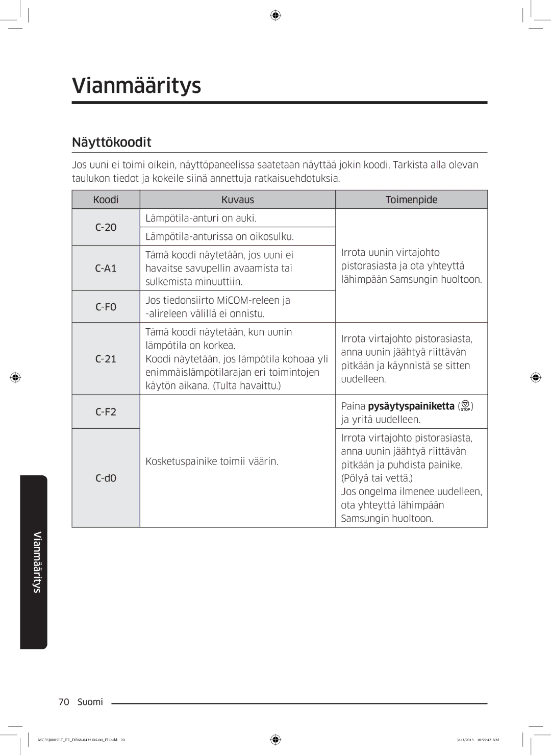 Samsung MC35J8085LT/EE manual Näyttökoodit, Paina pysäytyspainiketta 