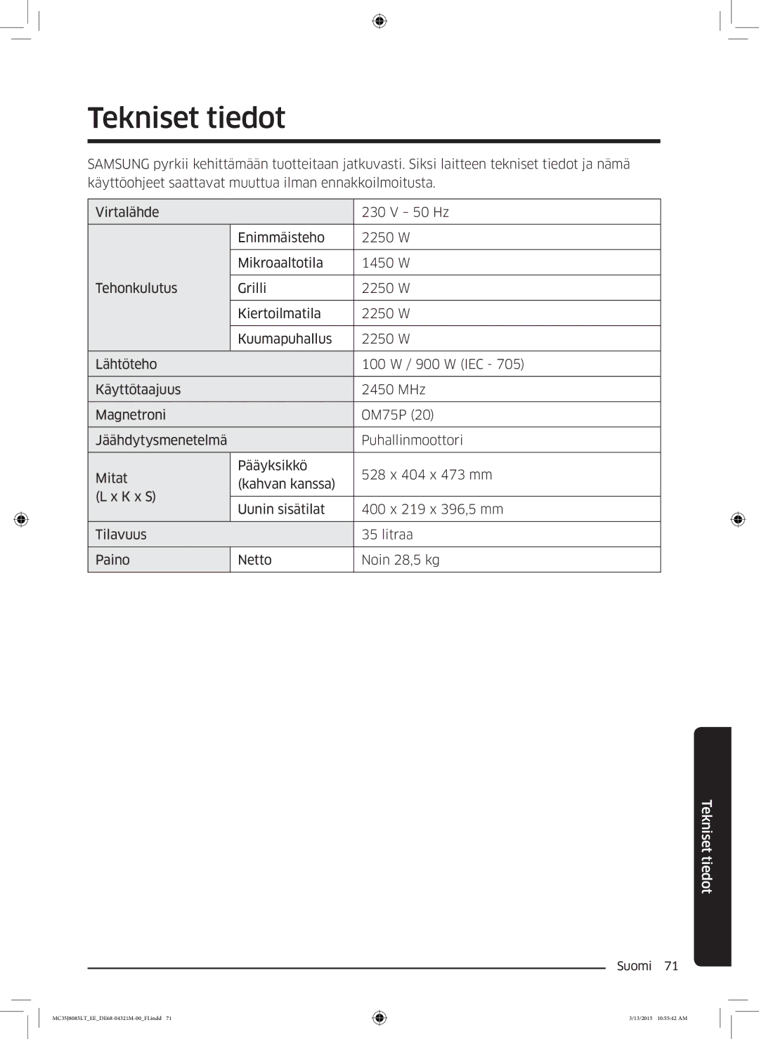 Samsung MC35J8085LT/EE manual Tekniset tiedot 