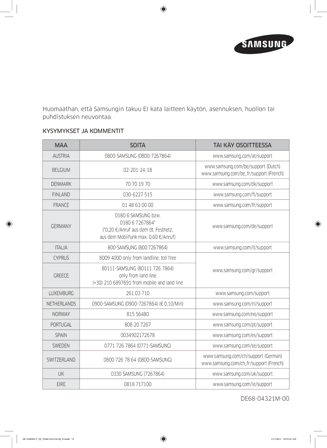 Samsung MC35J8085LT/EE manual Kysymykset JA Kommentit MAA Soita TAI KÄY Osoitteessa 