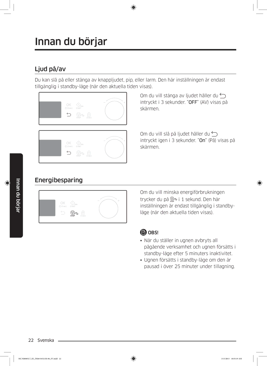 Samsung MC35J8085LT/EE manual Ljud på/av, Energibesparing 