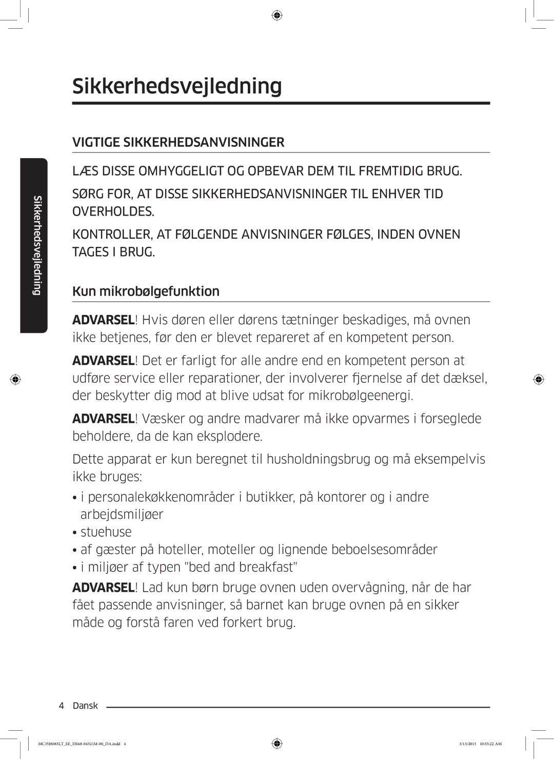 Samsung MC35J8085LT/EE manual Sikkerhedsvejledning 