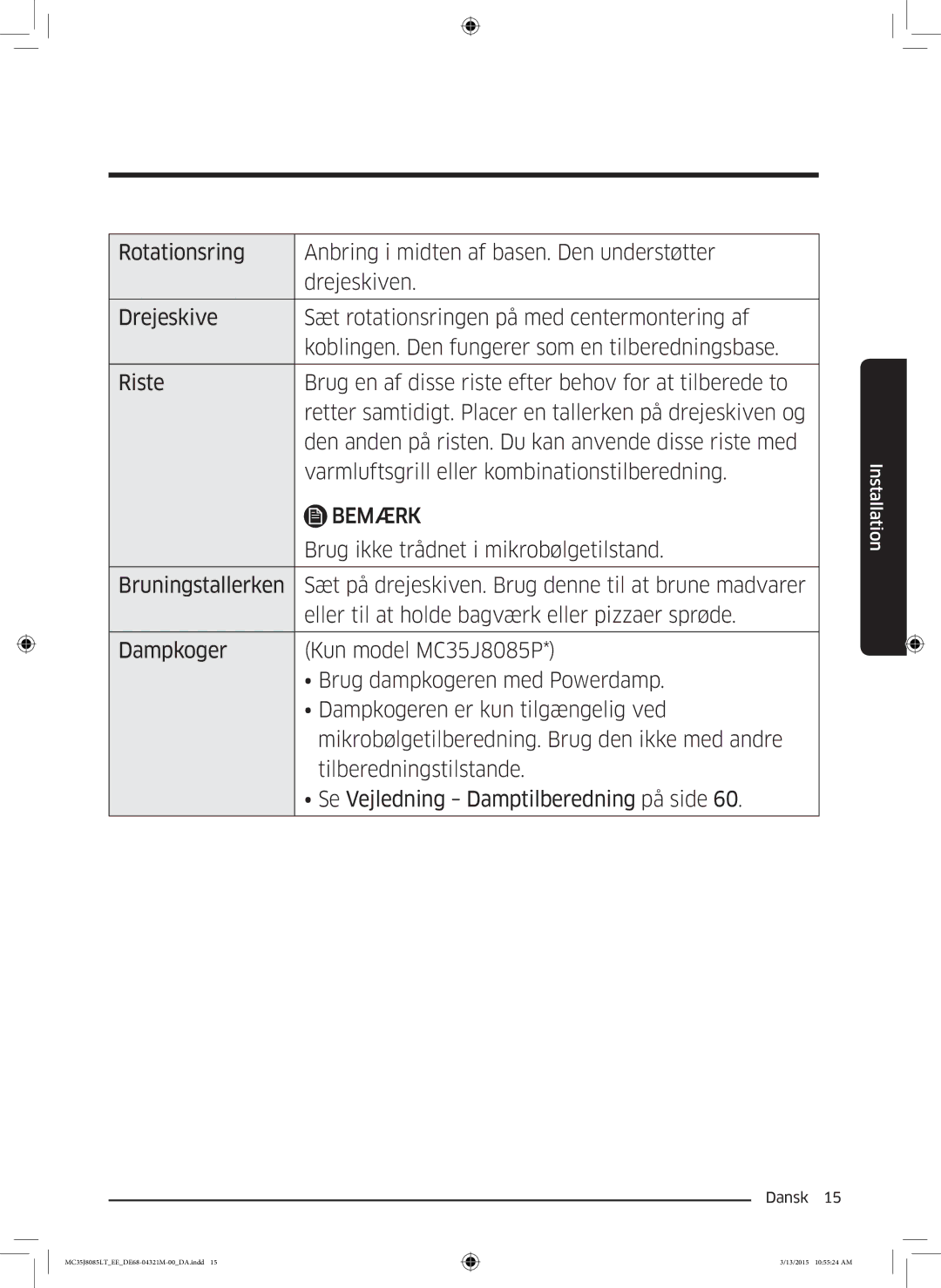 Samsung MC35J8085LT/EE manual Bemærk 