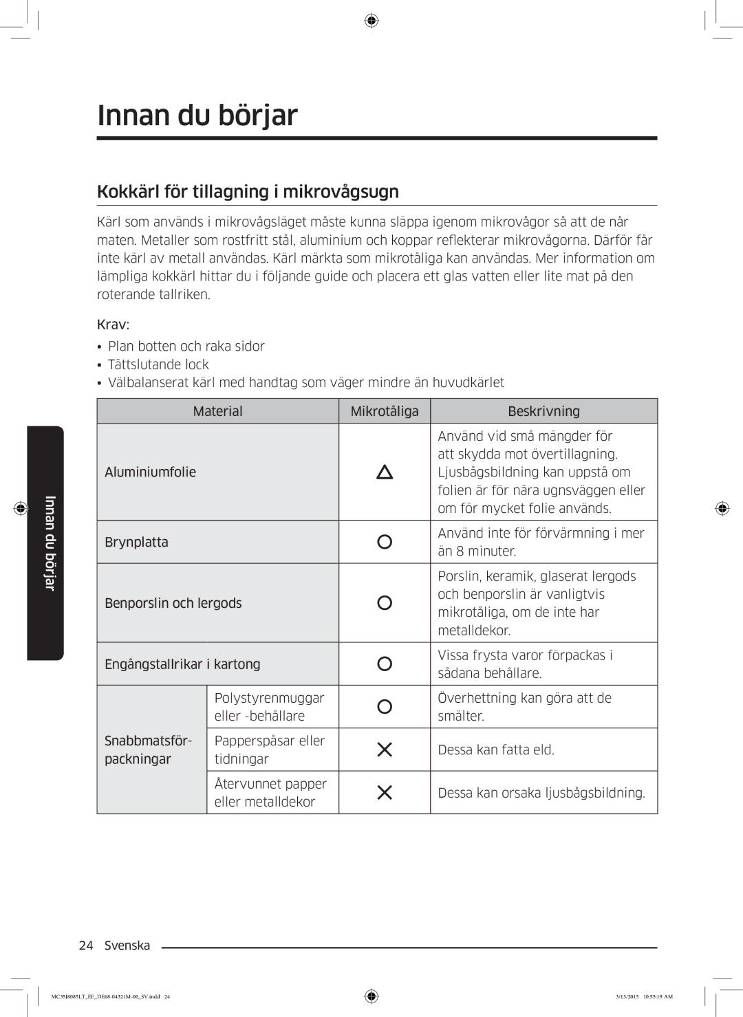 Samsung MC35J8085LT/EE manual Kokkärl för tillagning i mikrovågsugn 