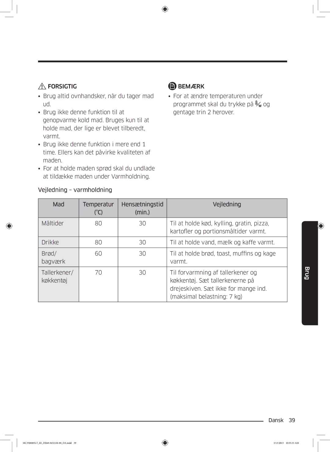 Samsung MC35J8085LT/EE manual Bemærk 