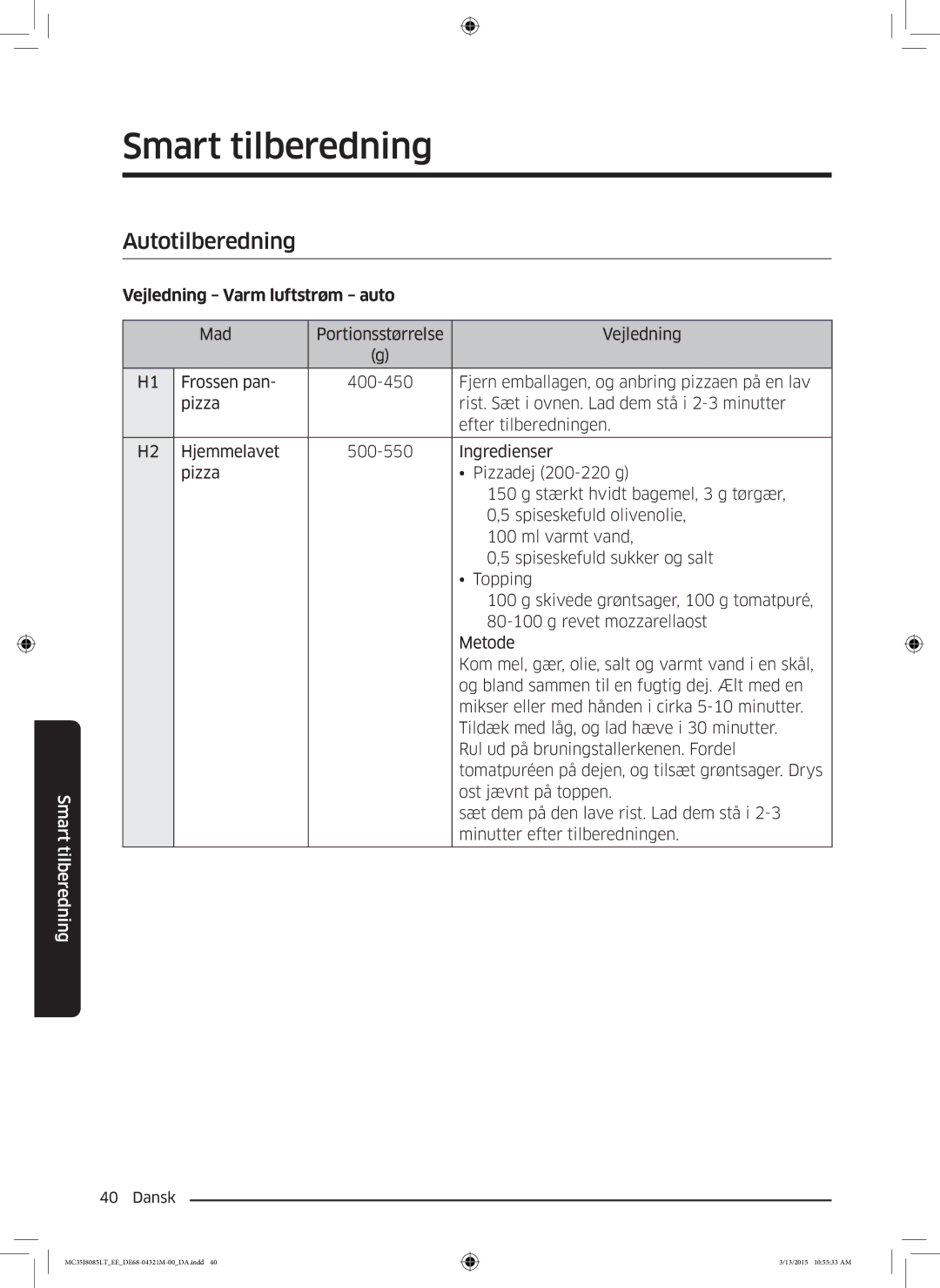 Samsung MC35J8085LT/EE manual Smart tilberedning, Autotilberedning, Vejledning Varm luftstrøm auto 