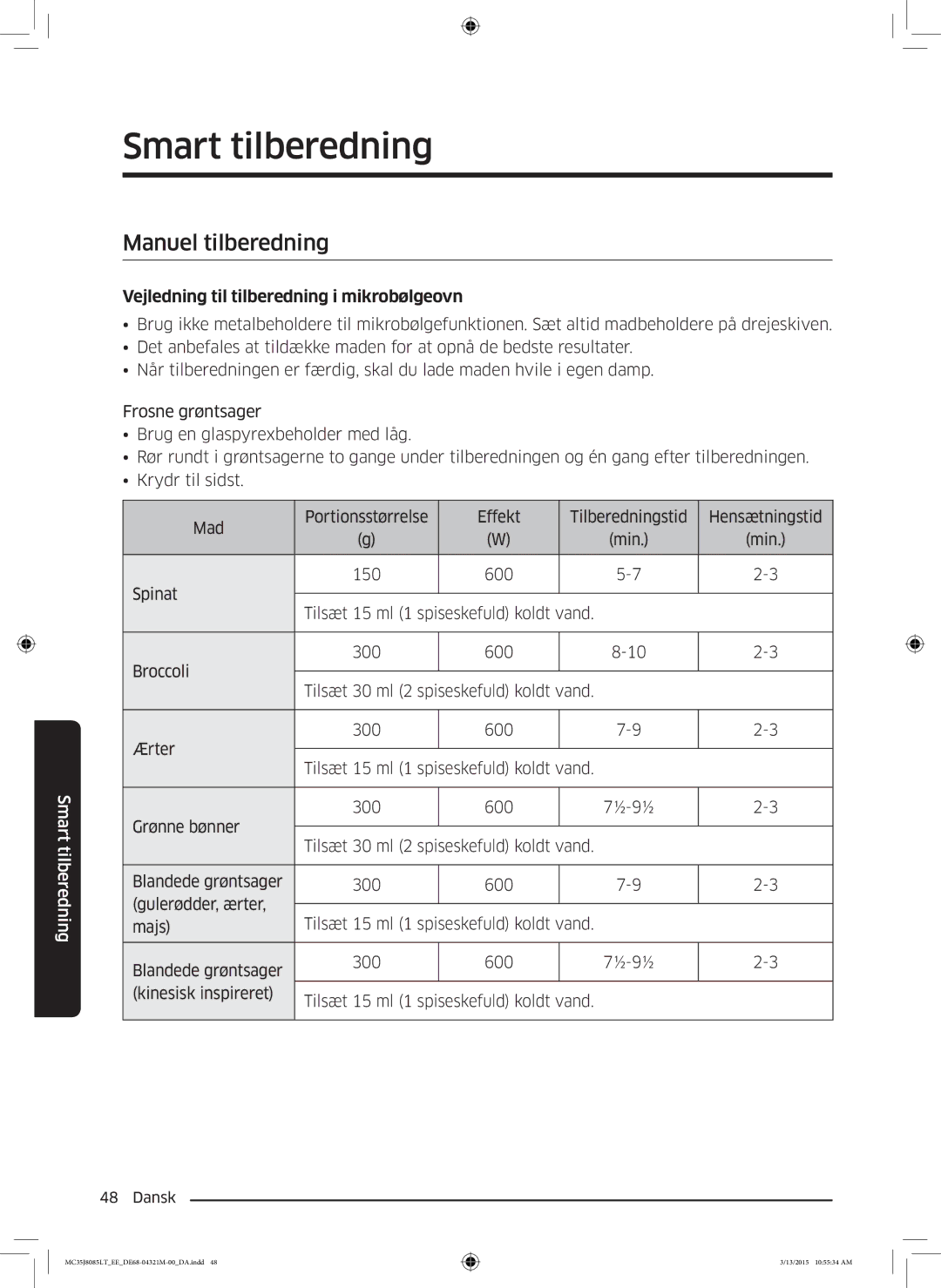 Samsung MC35J8085LT/EE manual Manuel tilberedning, Vejledning til tilberedning i mikrobølgeovn 