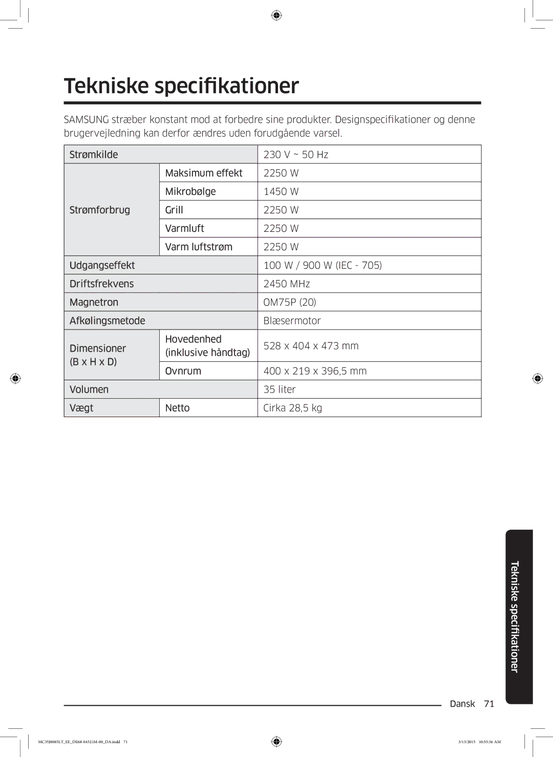 Samsung MC35J8085LT/EE manual Tekniske specifikationer, Fikationer Tekniske speci 