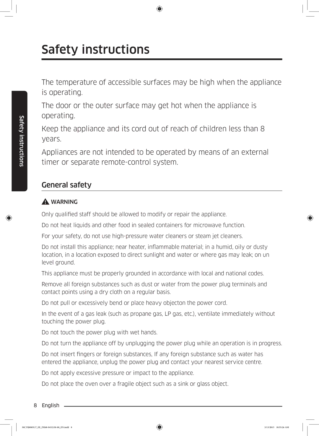 Samsung MC35J8085LT/EE manual Safety instructions 