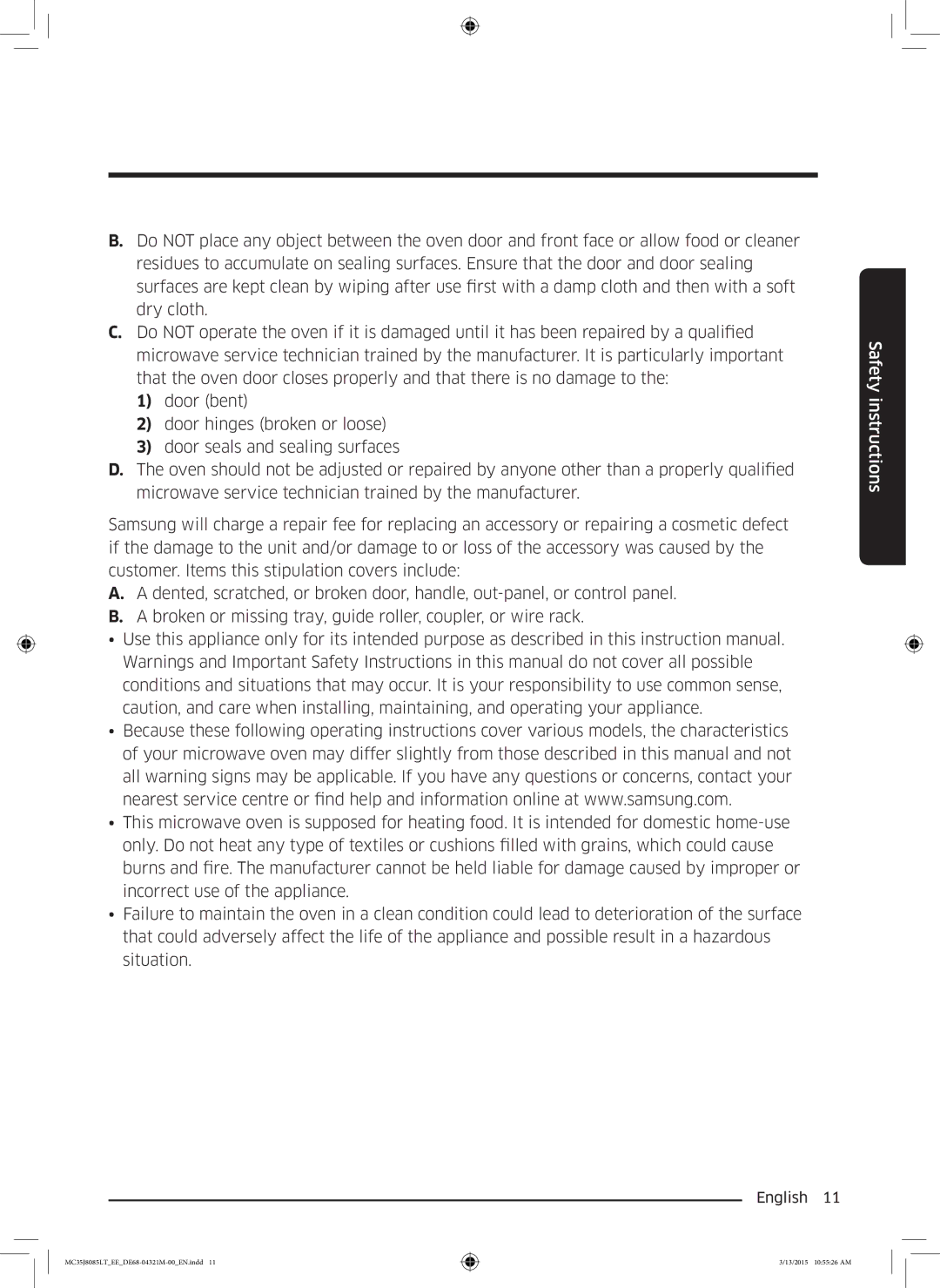 Samsung MC35J8085LT/EE manual Safety instructions 