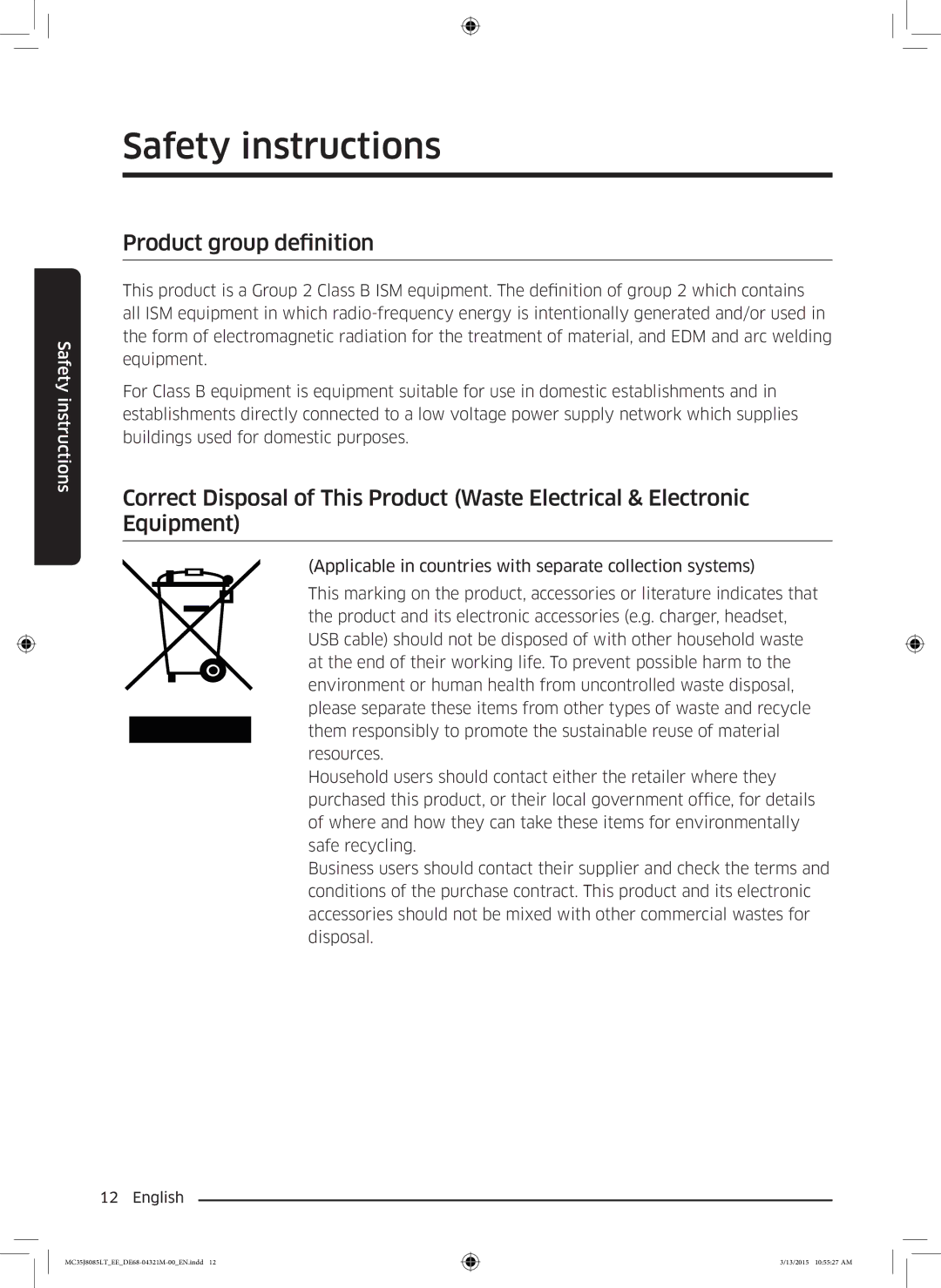 Samsung MC35J8085LT/EE manual Product group definition 