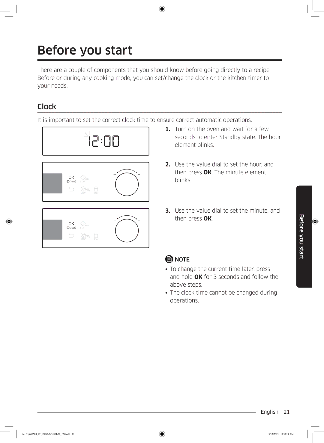 Samsung MC35J8085LT/EE manual Before you start, Clock 