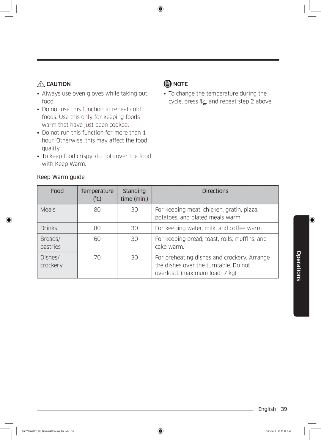 Samsung MC35J8085LT/EE manual Operations 