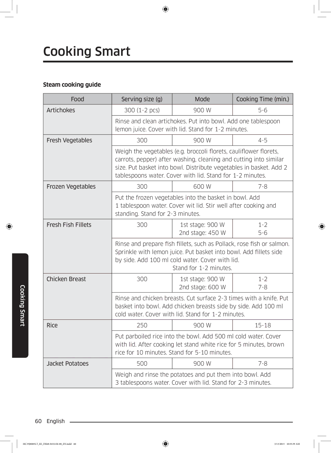 Samsung MC35J8085LT/EE manual Steam cooking guide 