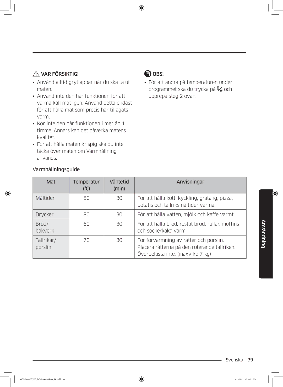 Samsung MC35J8085LT/EE manual Obs 