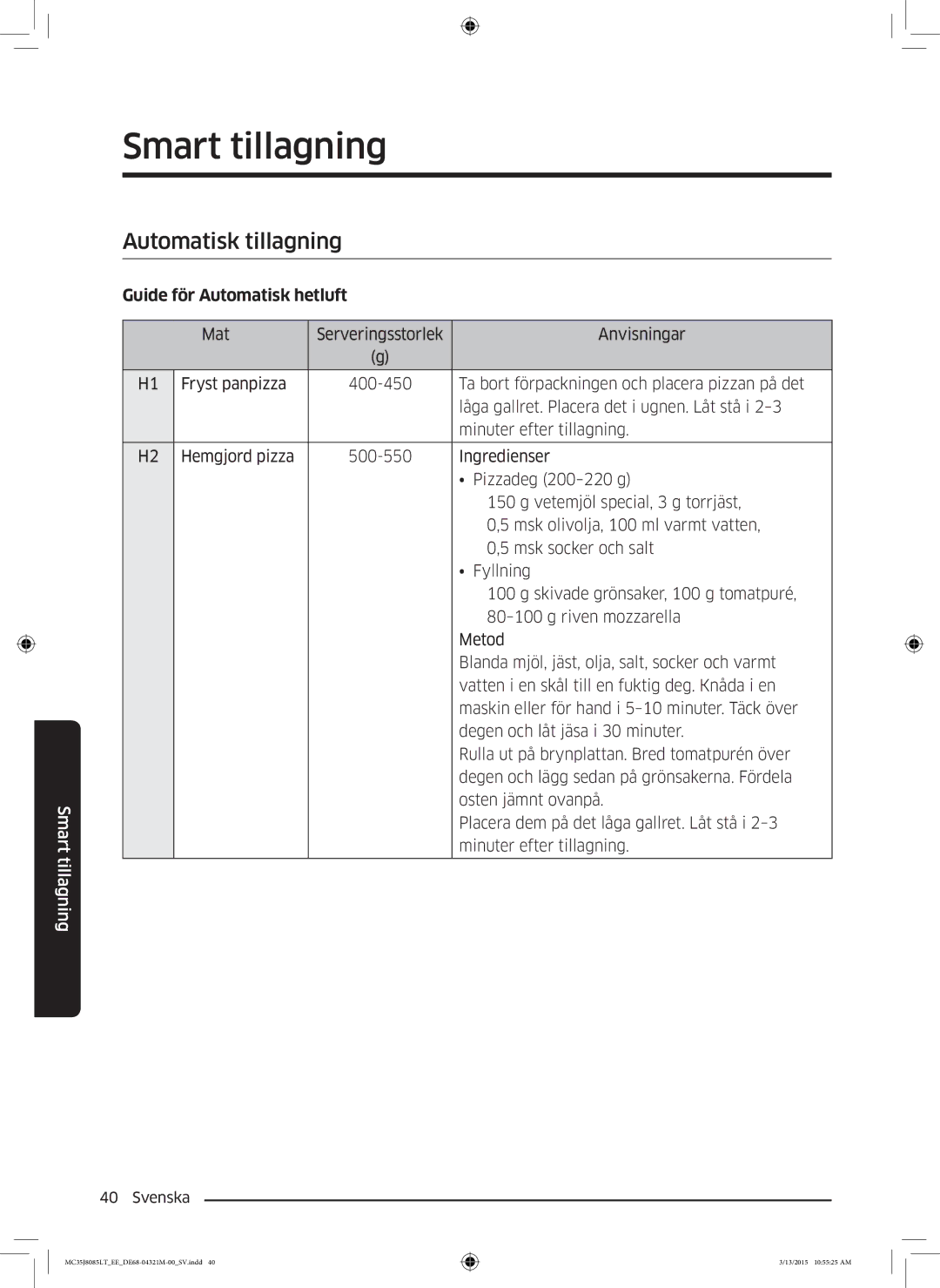 Samsung MC35J8085LT/EE manual Smart tillagning, Automatisk tillagning, Guide för Automatisk hetluft 